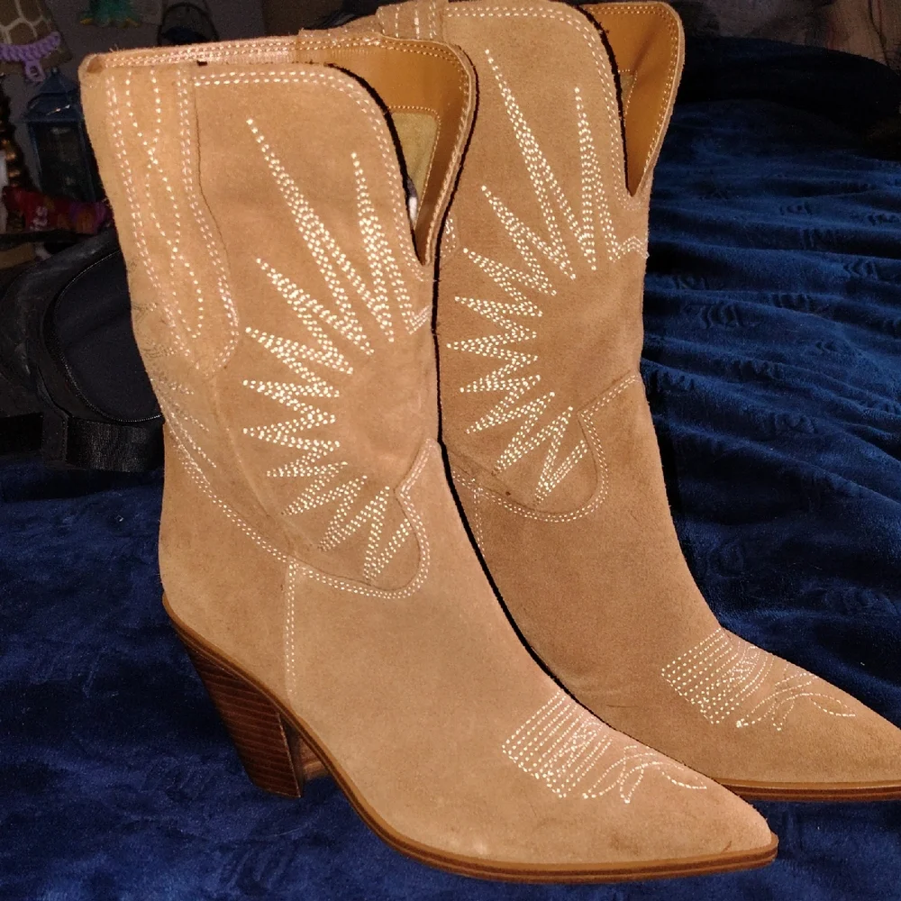 Marc Fisher Suede Western Ankle Boots - Tan - Picture 1 of 6